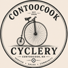A circular vintage-style logo or label design featuring a penny-fork bicycle illustration and the text 'CONTOOCOOK CYCLERY,' with smaller text reading 'EST. 2026,' 'SERVICE • SALES • COMMUNITY,' and 'CONTOOCOOK, NH.